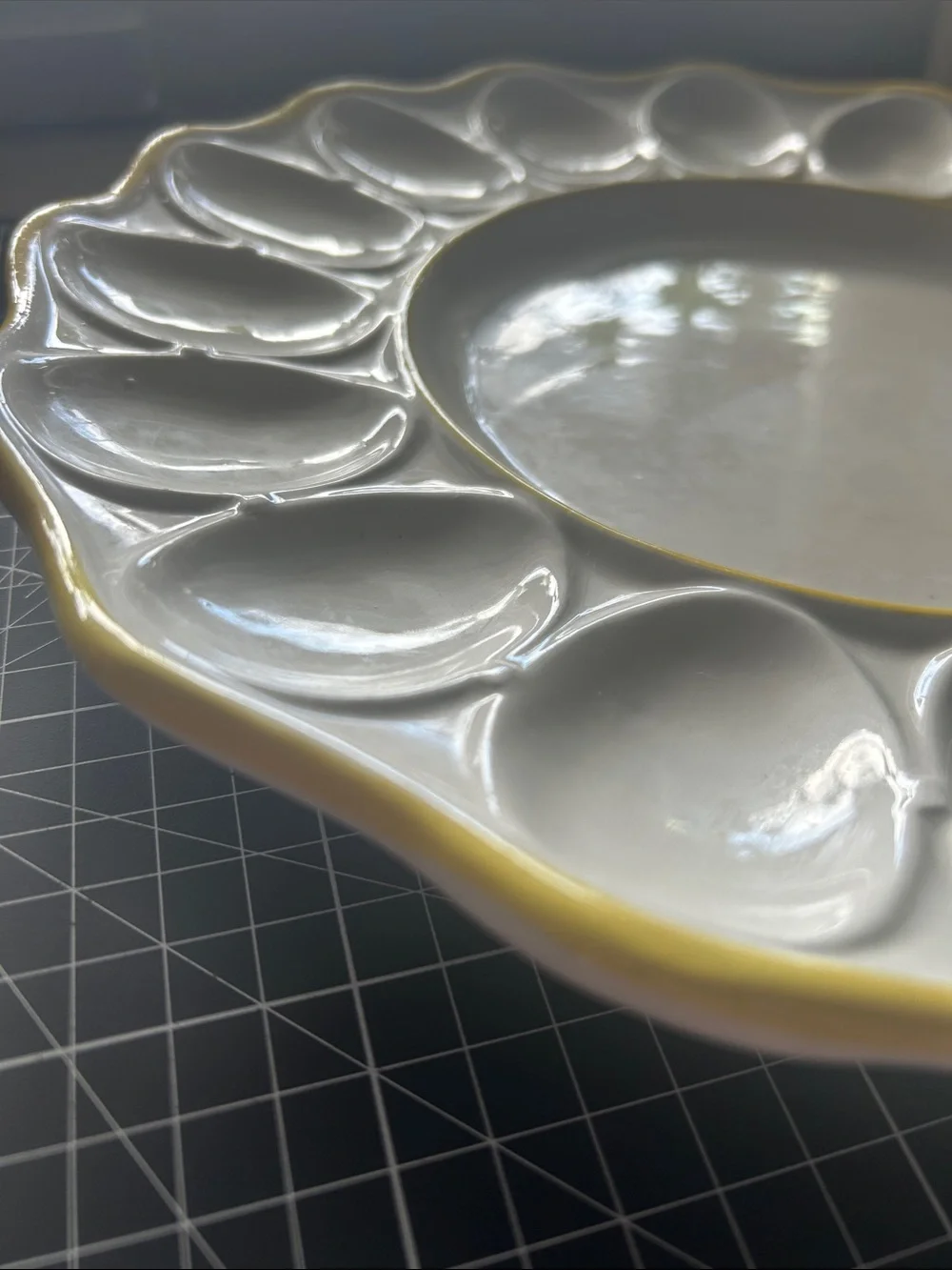 Mid Century Modern Ceramic Egg Serving Platter Yellow Trim Made in Italy 2285